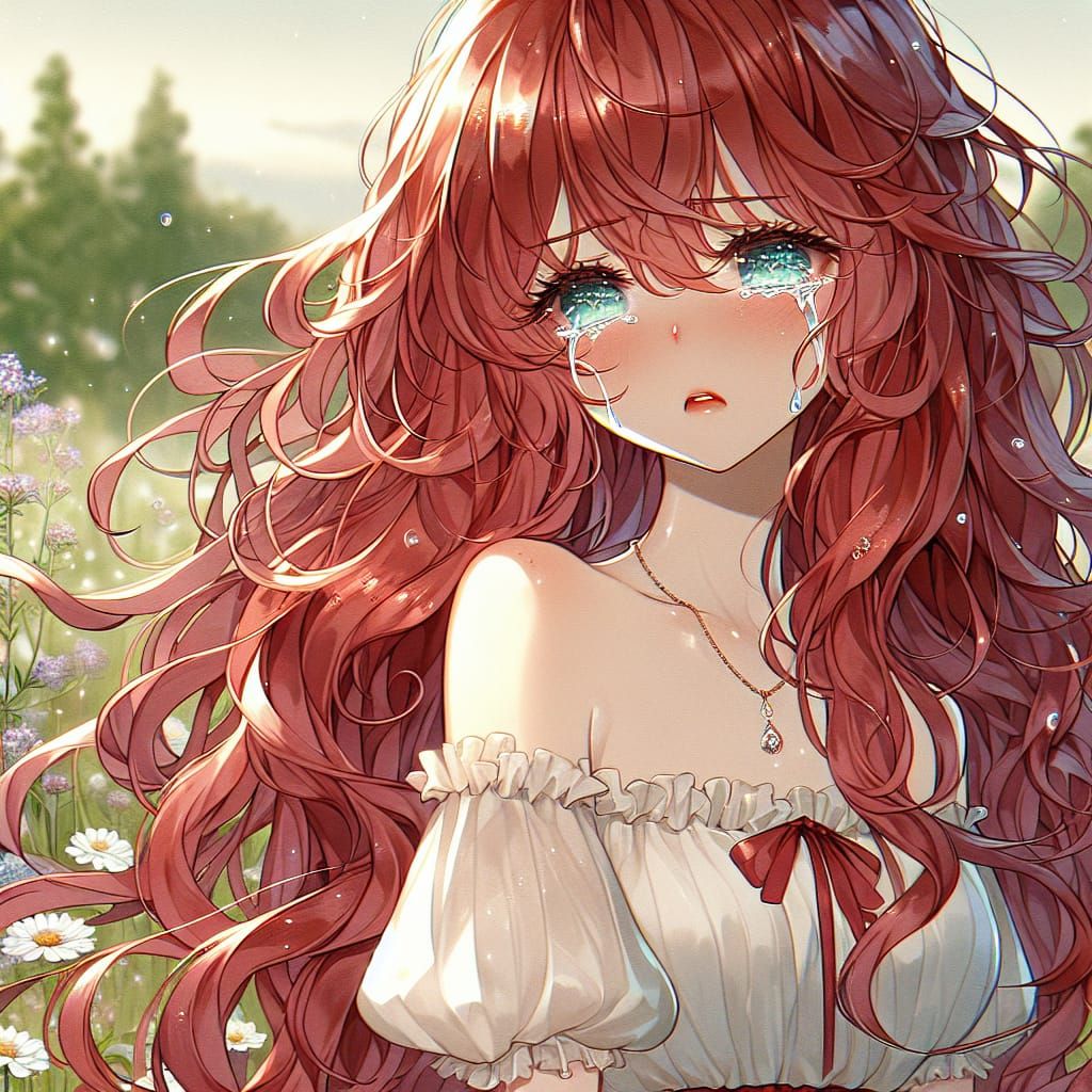 Lonely Anime Girl with Copper Hair in Meadow