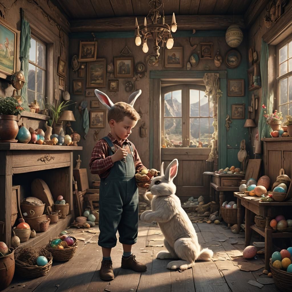 Boy with Easter Bunny, Detailed Matte Painting