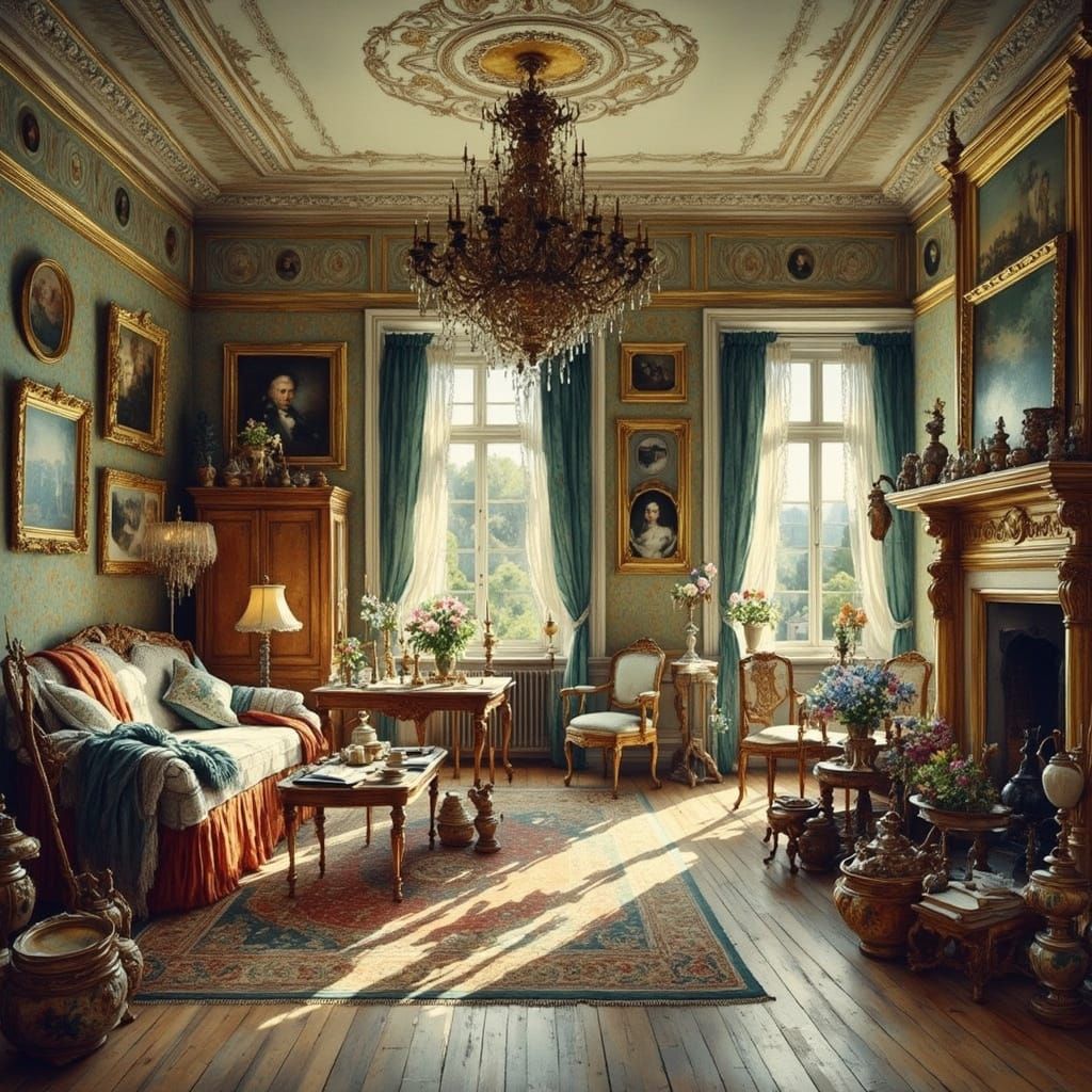 Warm Danish Interior in Golden Light, Oil on Canvas