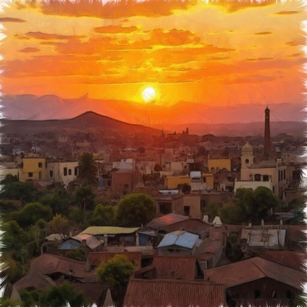 Surreal Pencil Drawing of Moroccan Village at Sunset
