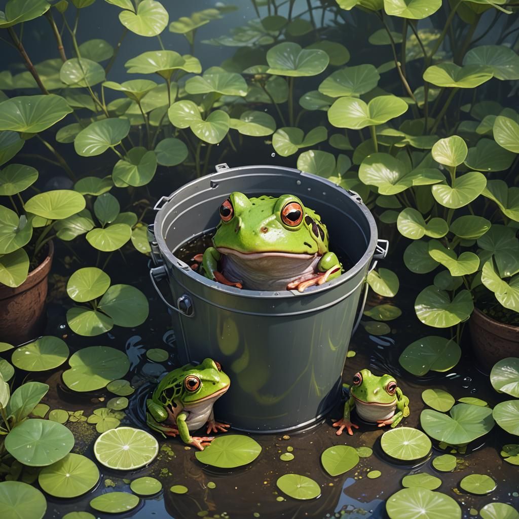 Cute Frogs in Bucket with Limes: Kawaii Art