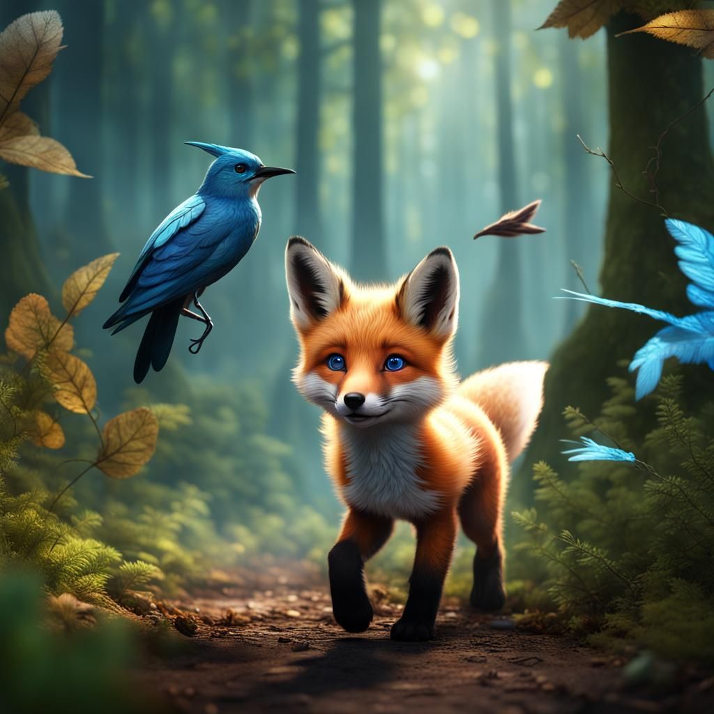 Fox Pup with Blue Smoke Eyes in Forest