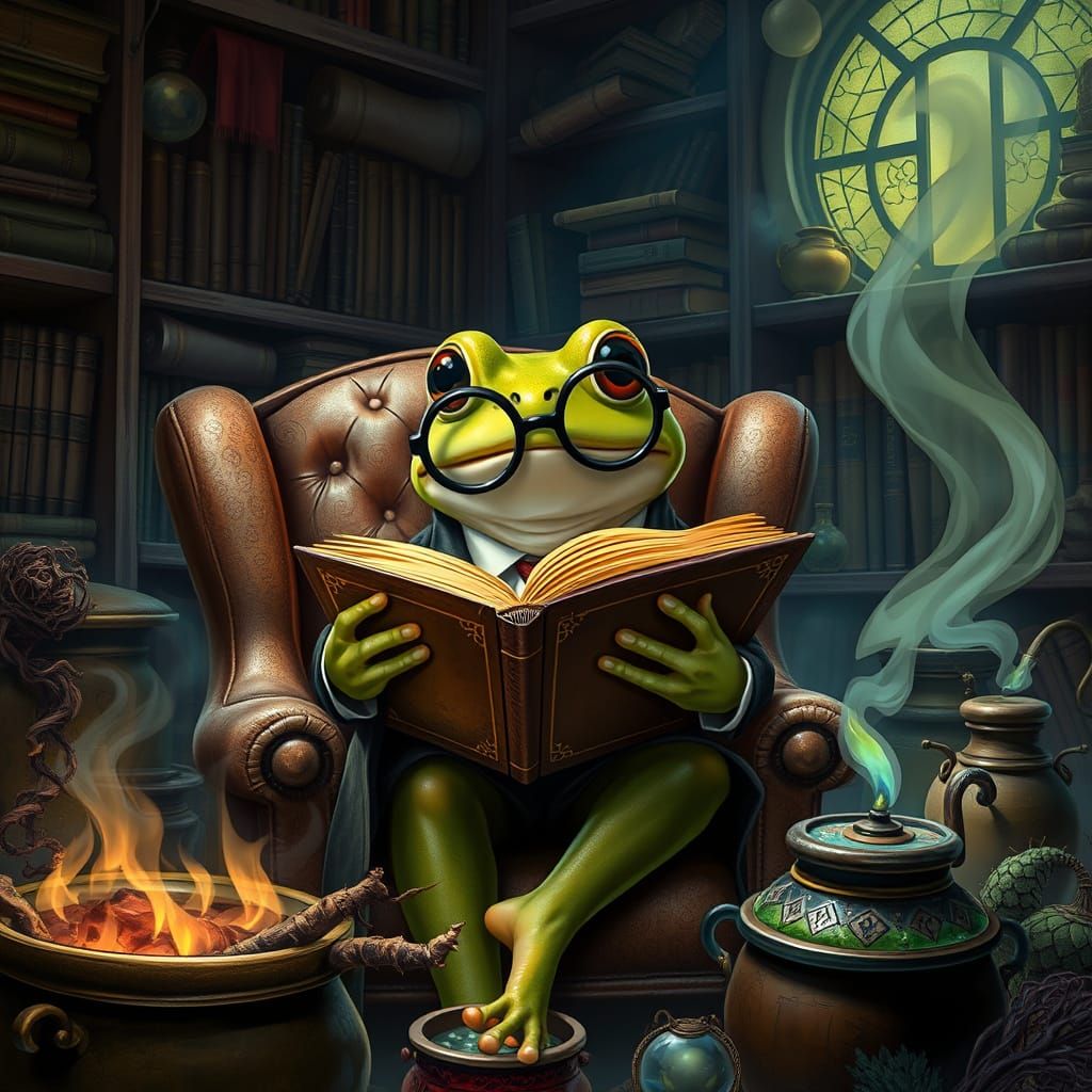 Wizard Frog Surrounded by Ancient Tomes and Mystical Potions
