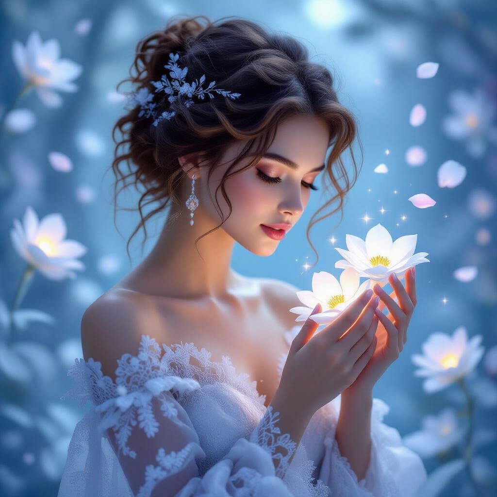 A beautiful fairy young woman with brown curly hair in a sof...