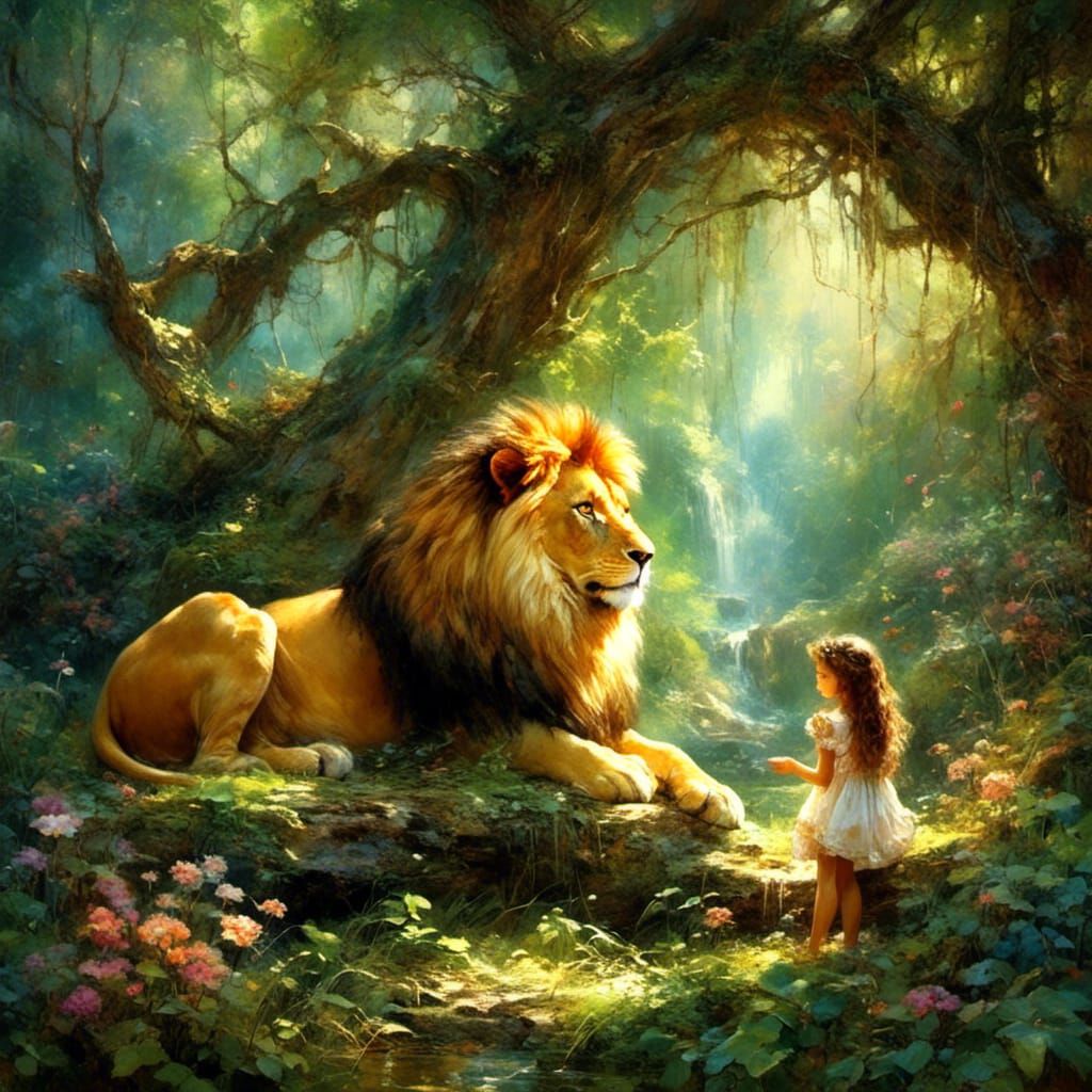 Lion and Fairy in Enchanted Forest