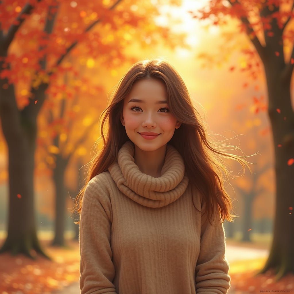 Serene Woman Smiling in Autumn Sunlight