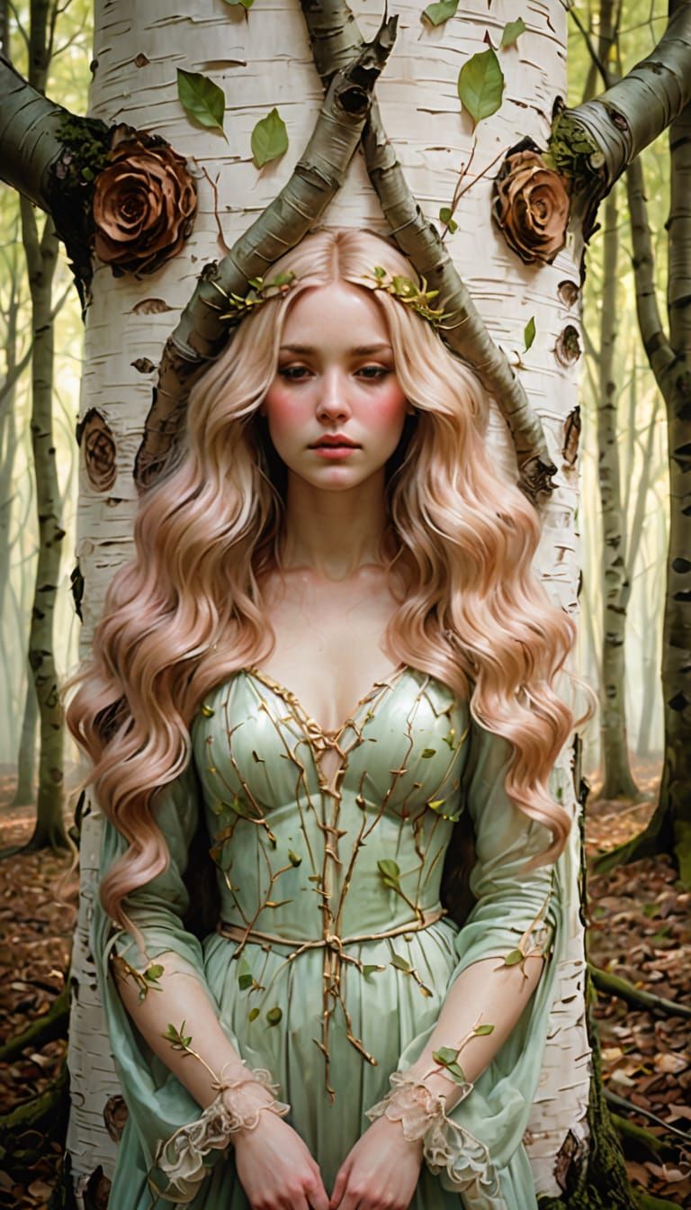 A Mystical Blonde Emerges from the Birch Tree Forest in a Dr...
