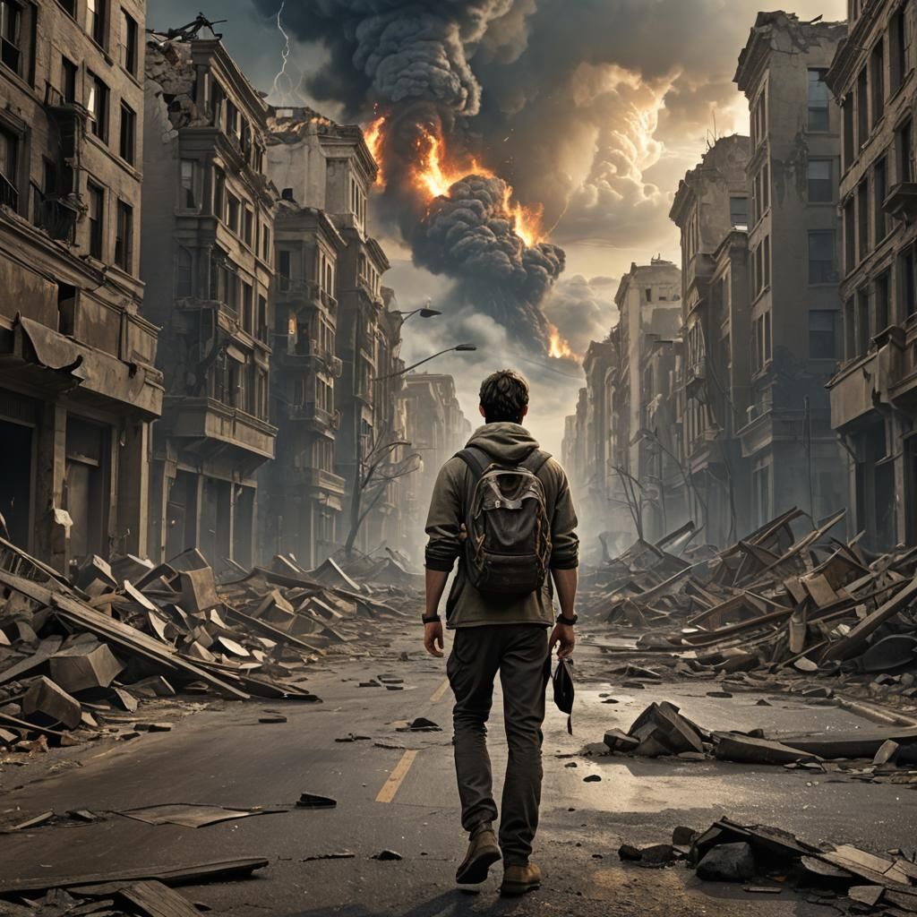 Post-Apocalyptic Traveler in Destroyed City