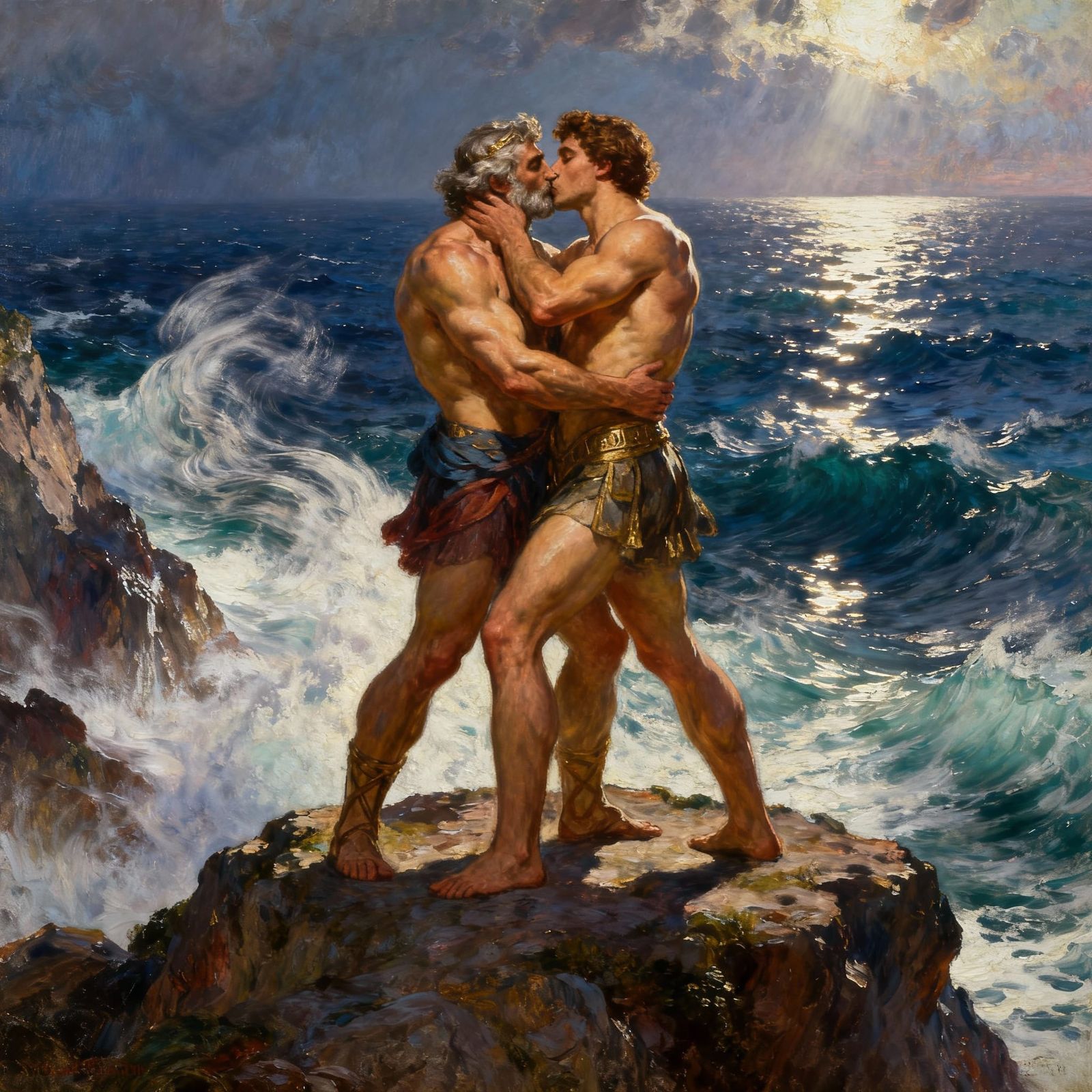 King Theseus and Lycomedes Kiss on Windswept Cliff