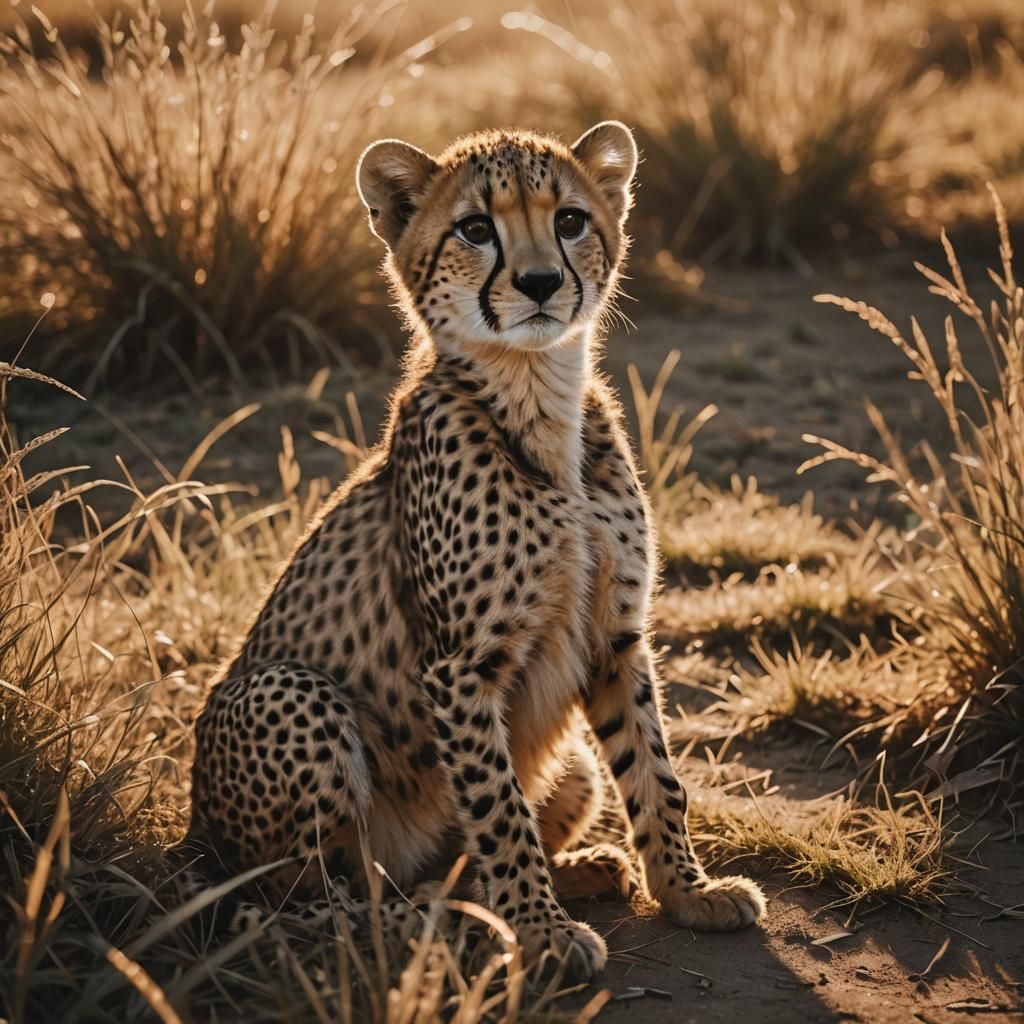 Baby Cheetah on Savannah in Golden Hour Sunlight