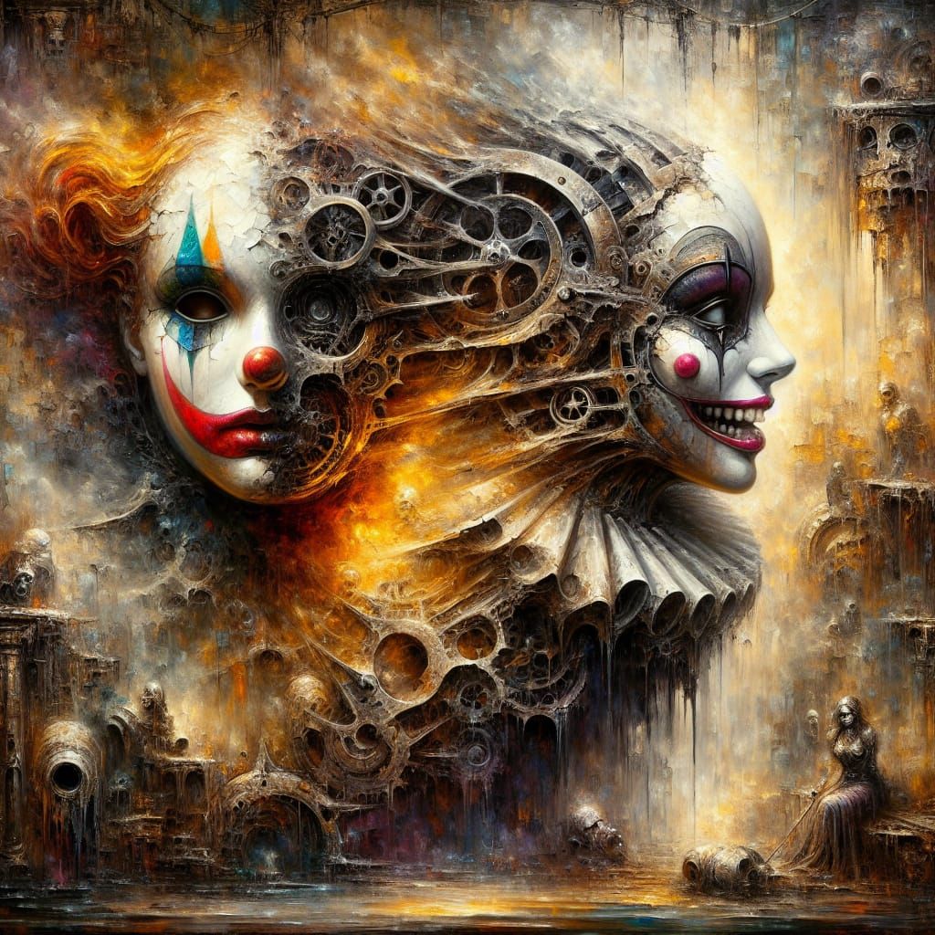 Surreal Clown Face Emerges from Gothic Steampunk Ruins