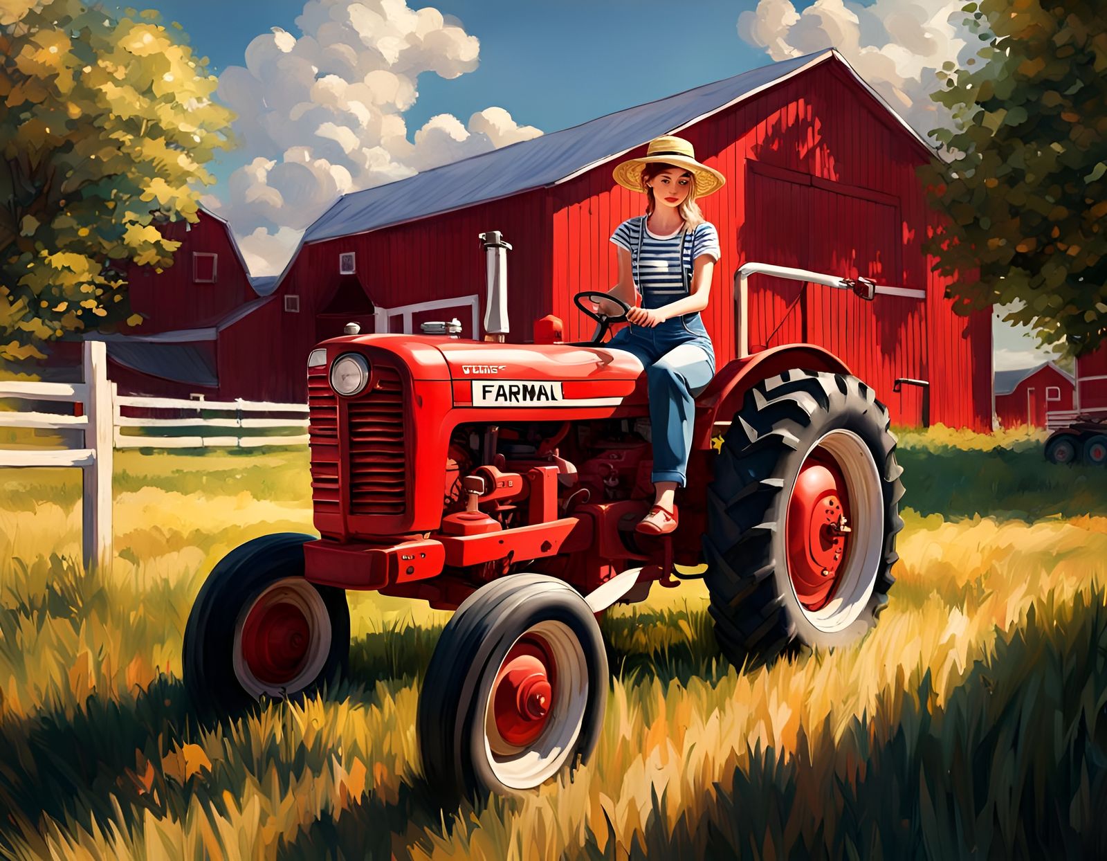 Farm Girl Driving Tractor in Ukiyo-e Style