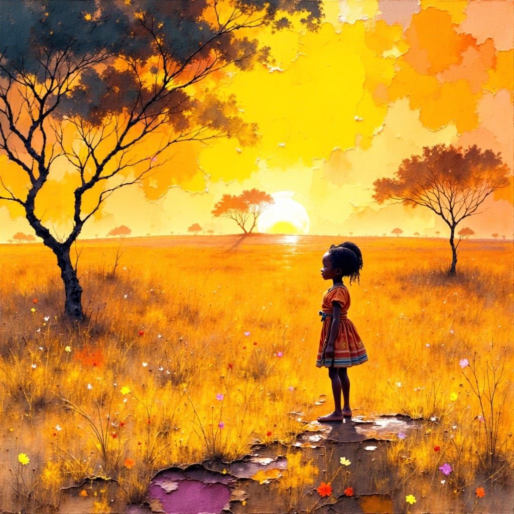 African Girl on Savanna in Watercolor Style