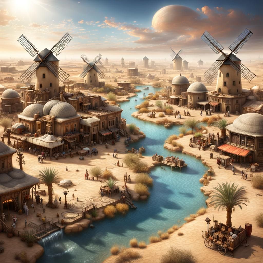 Hyperrealistic Desert Oasis Town with Gliders