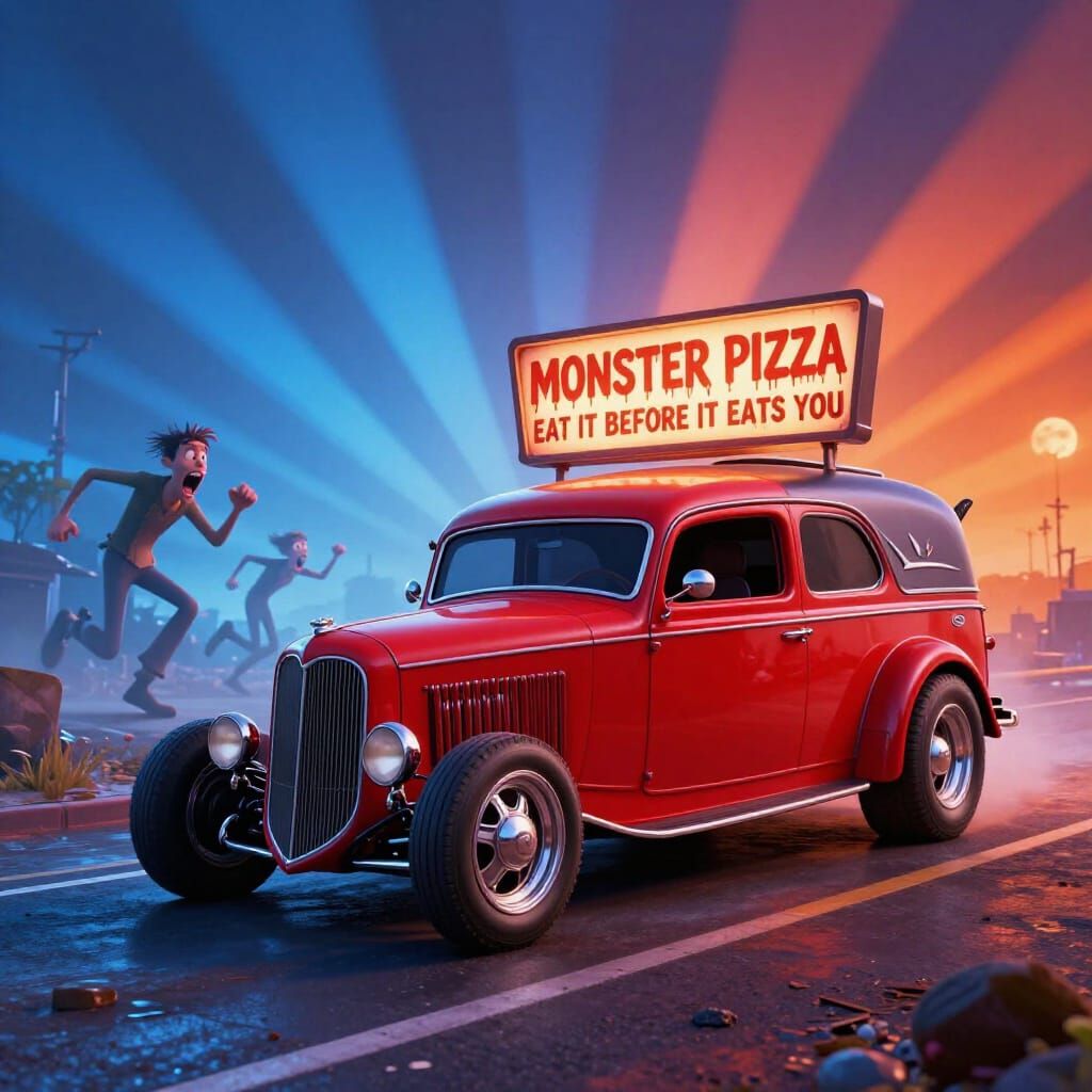 Menacing Hot Rod Hearse with Monster Pizza Sign