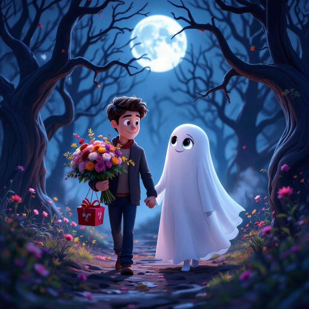 Romantic Ghost Love in Moonlit Forest