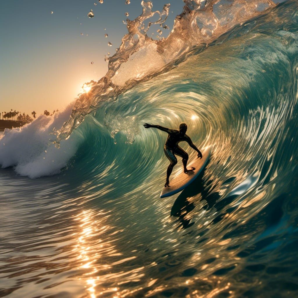 Surfer Rides Glass Wave at Sunset