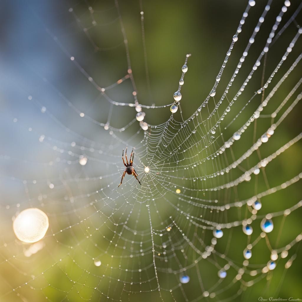 Spiderweb Dewdrops in Morning Sunlight: Macro Photography