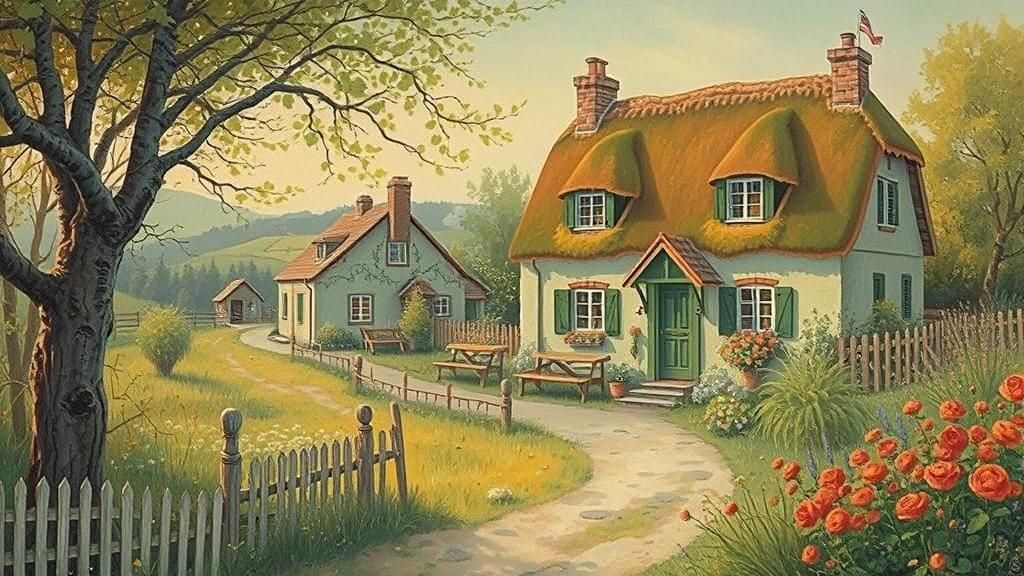 Idyllic Village Scene in Dreamy Rustic Style