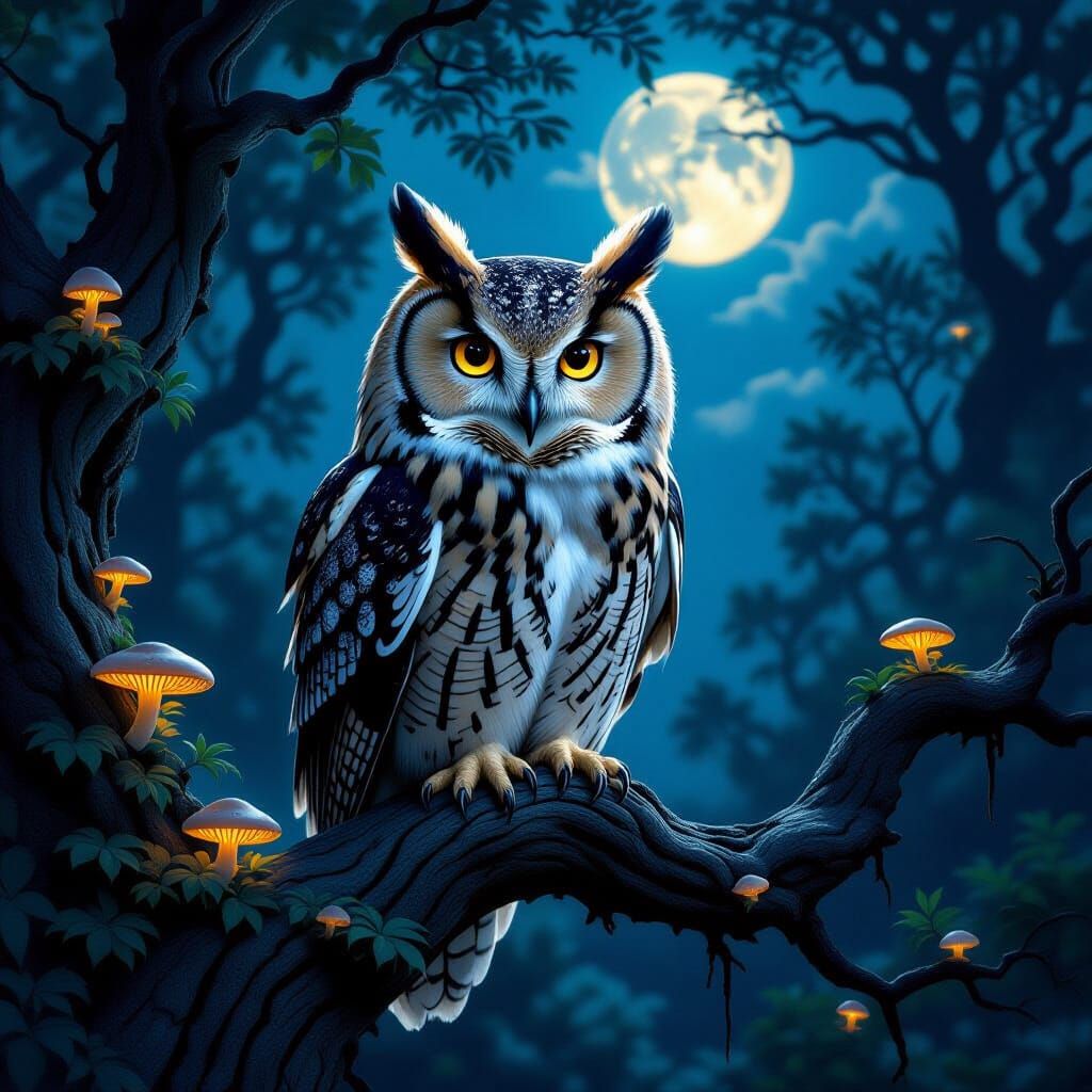 Wise Owl in Moonlit Forest as Oil Painting