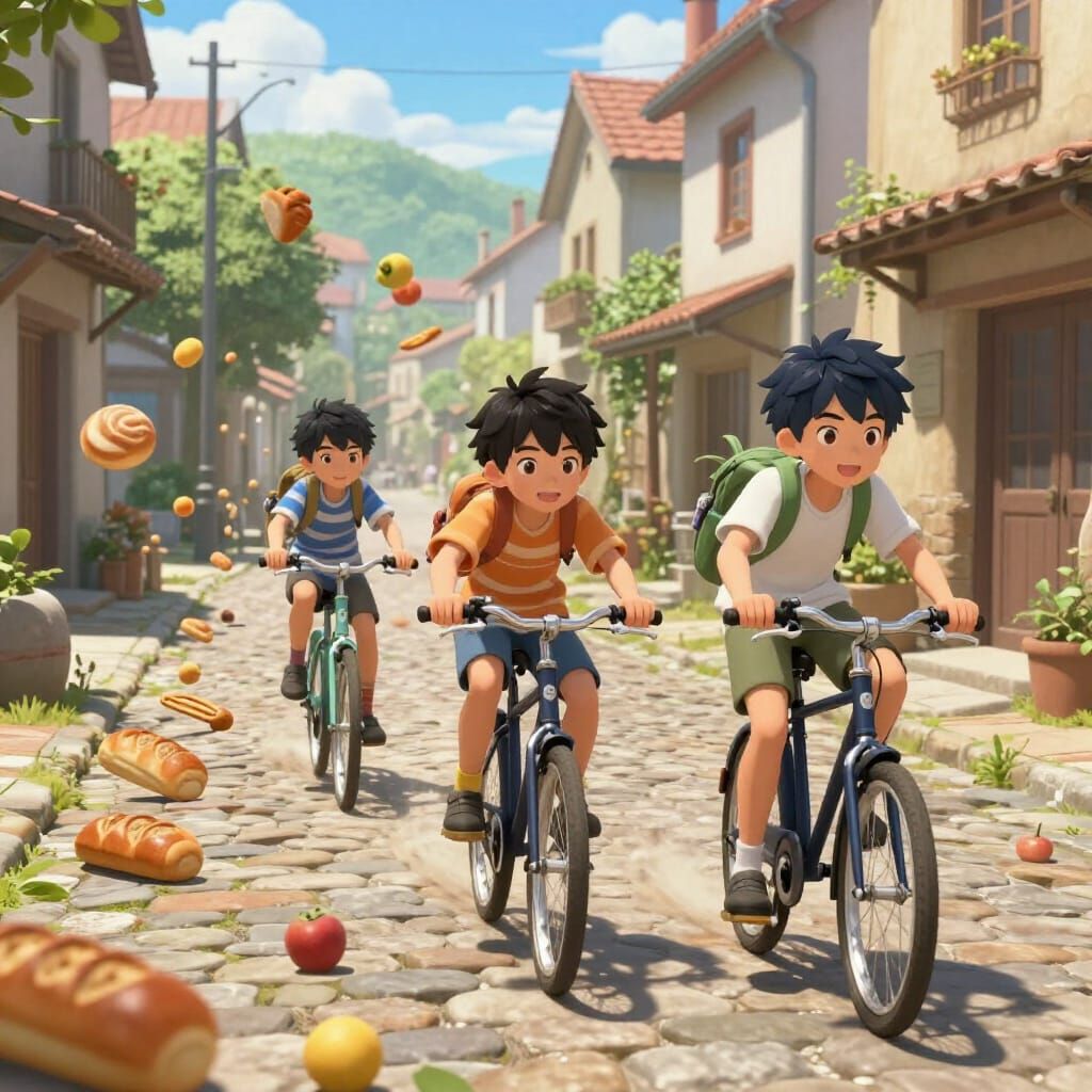 Boys Chase Runaway Food Down Cobblestone Street in 3D Anime ...