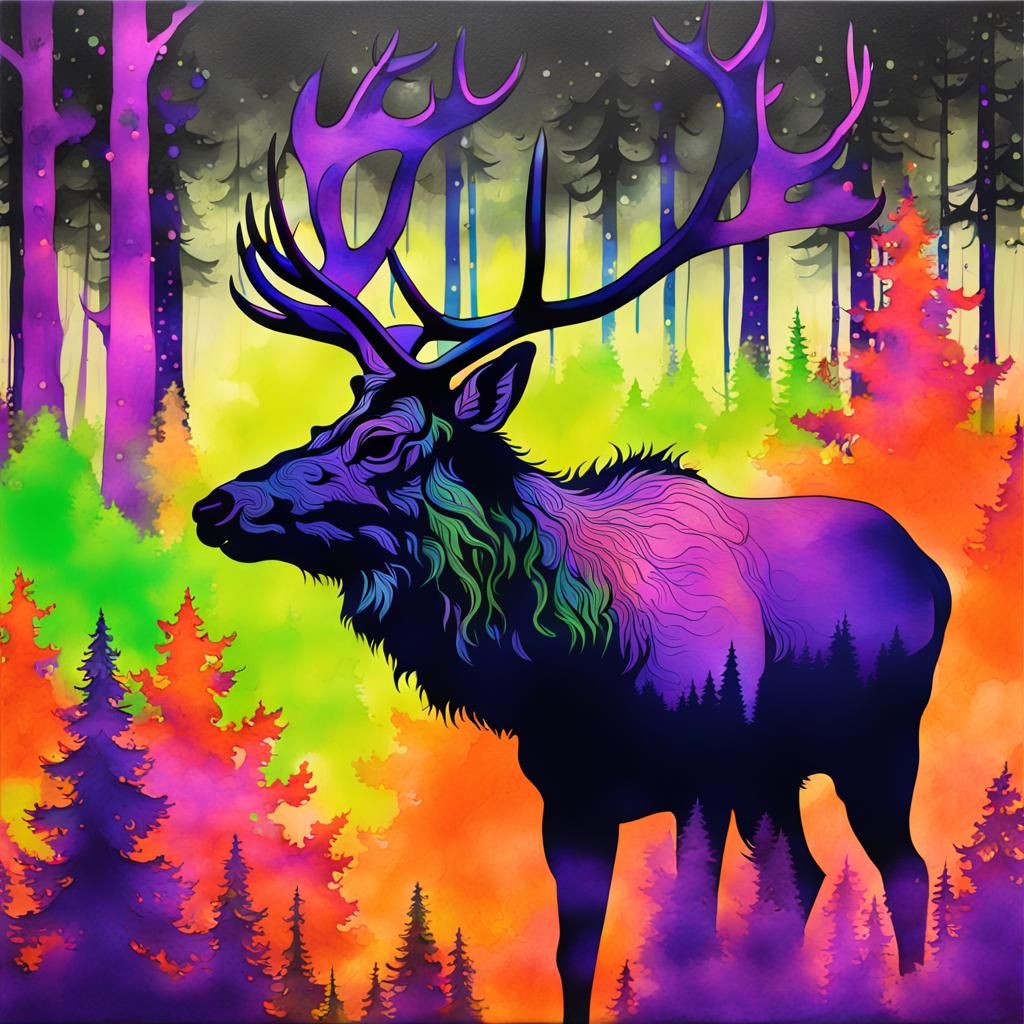 Mystical Elk Silhouette in Smoky Forest Art