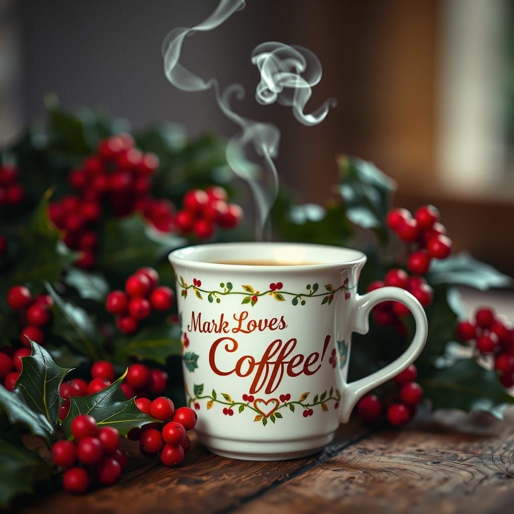 Delicate Ceramic Christmas Coffee Cup with Holly and Golden....