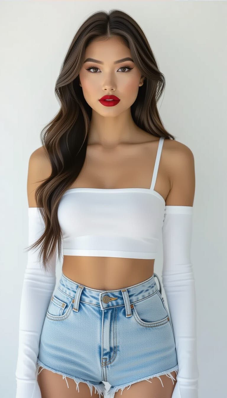 Woman in White Crop Top and Denim Shorts