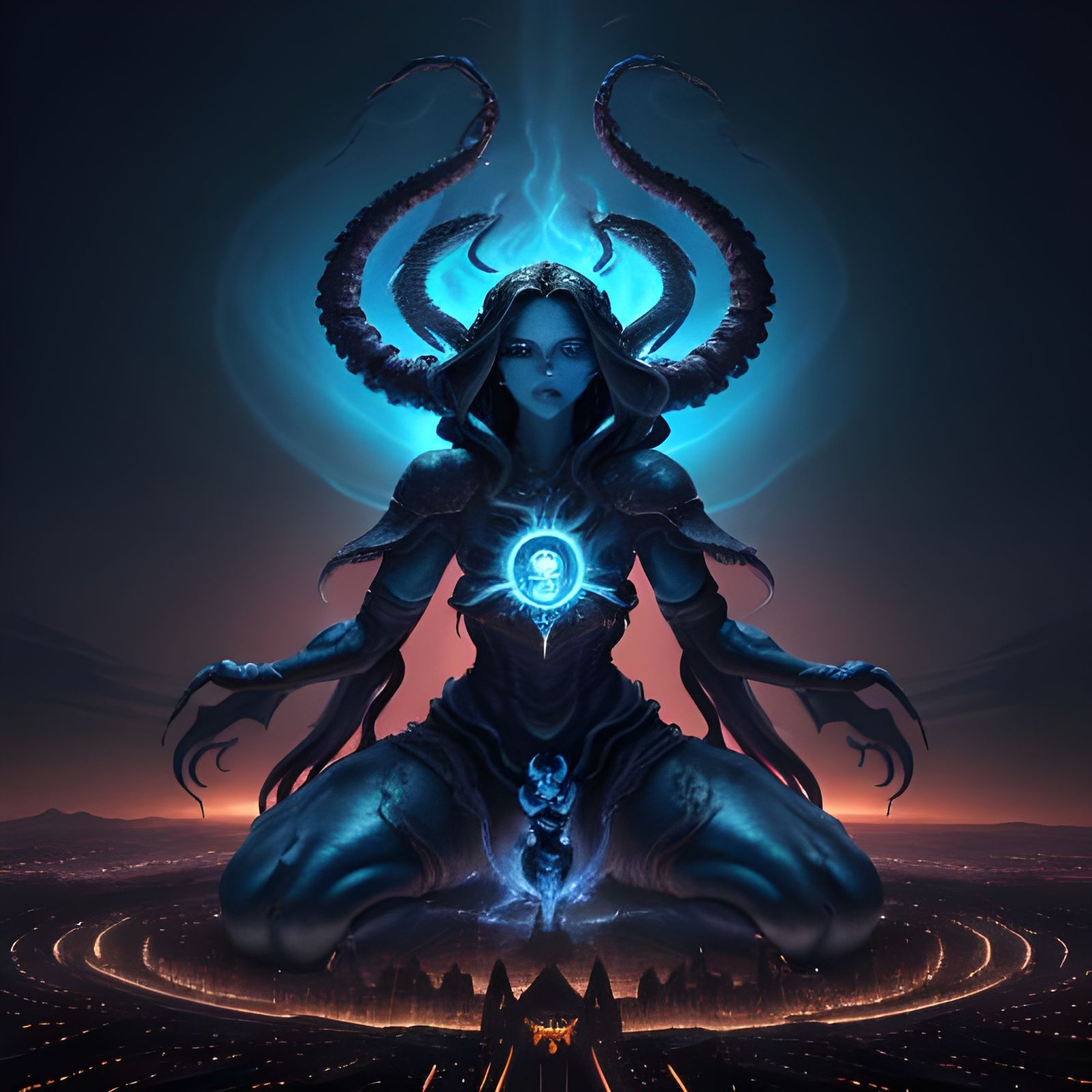 Majestic Blue Goddess Protects City with Magic Shield