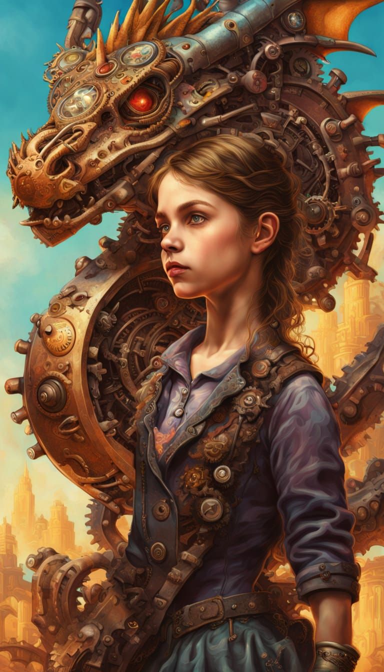 Steampunk Heart Dragon and Girl: Hyperrealistic Concept Art