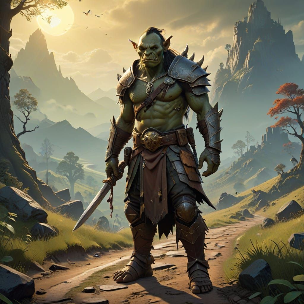 Orc Warrior's Tranquil Stroll through a Battle-Scarred Lands...