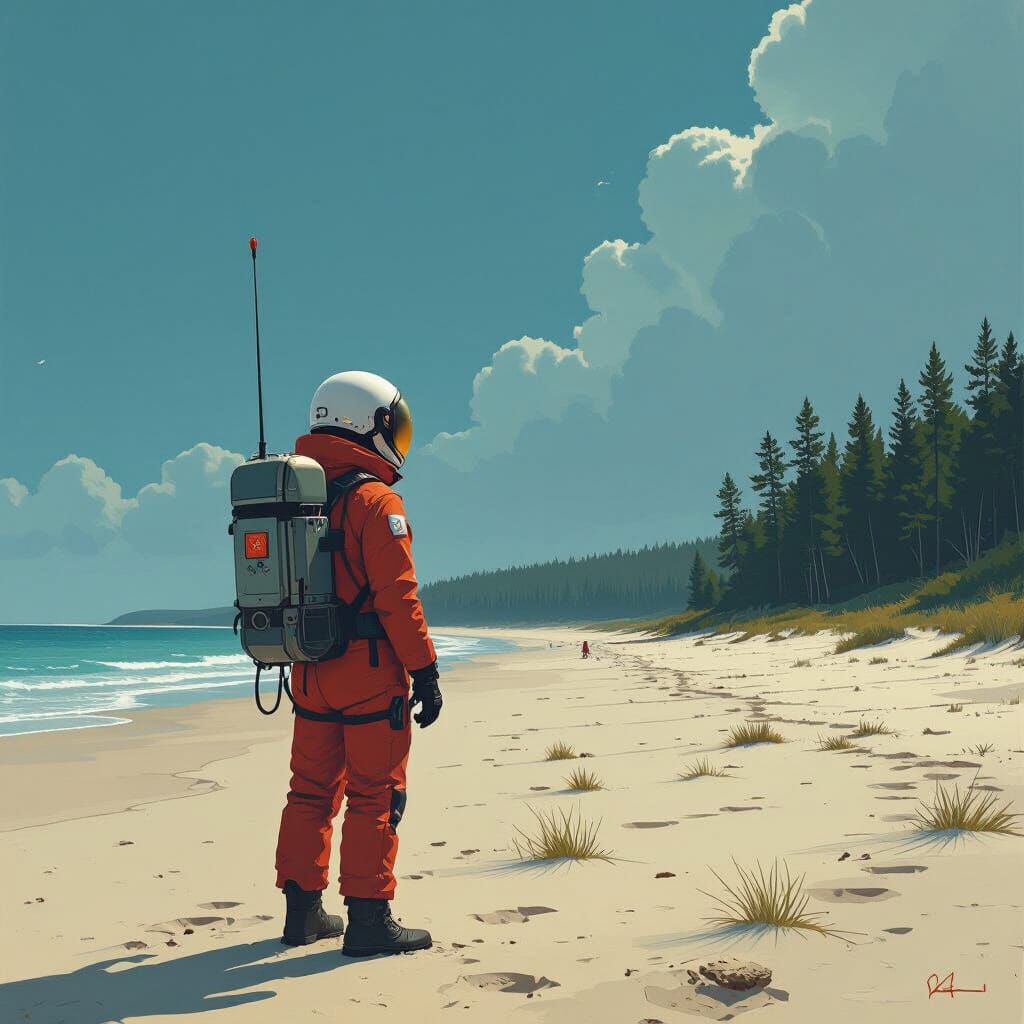 Metal Detectorist on Beach in Realistic Style