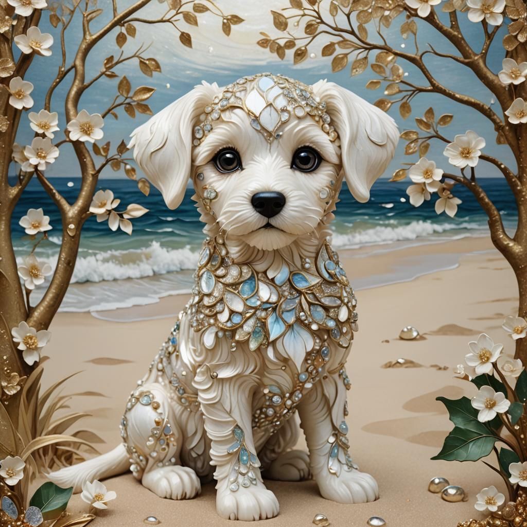 Surreal Art Nouveau Puppy in Dreamy Ocean Scene