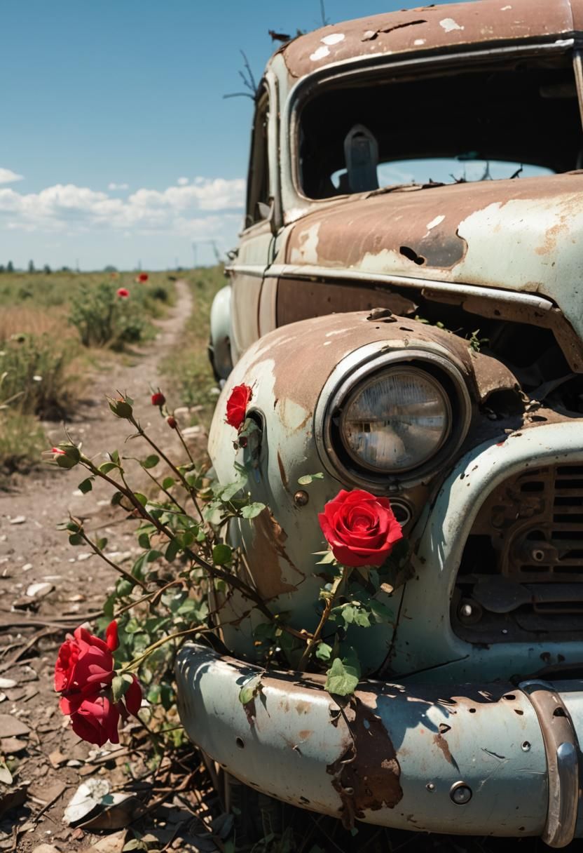 Rose on Abandoned Car: Close-Up