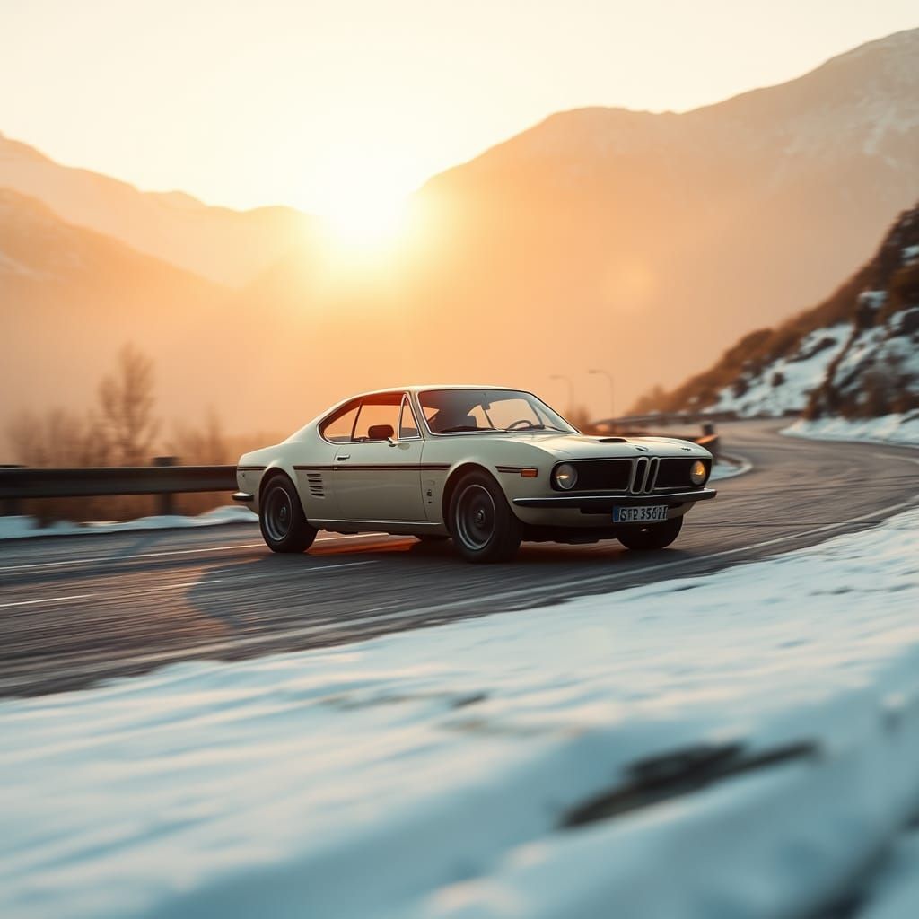 Cream BMW Plymouth Barracuda in French Winter Landscape