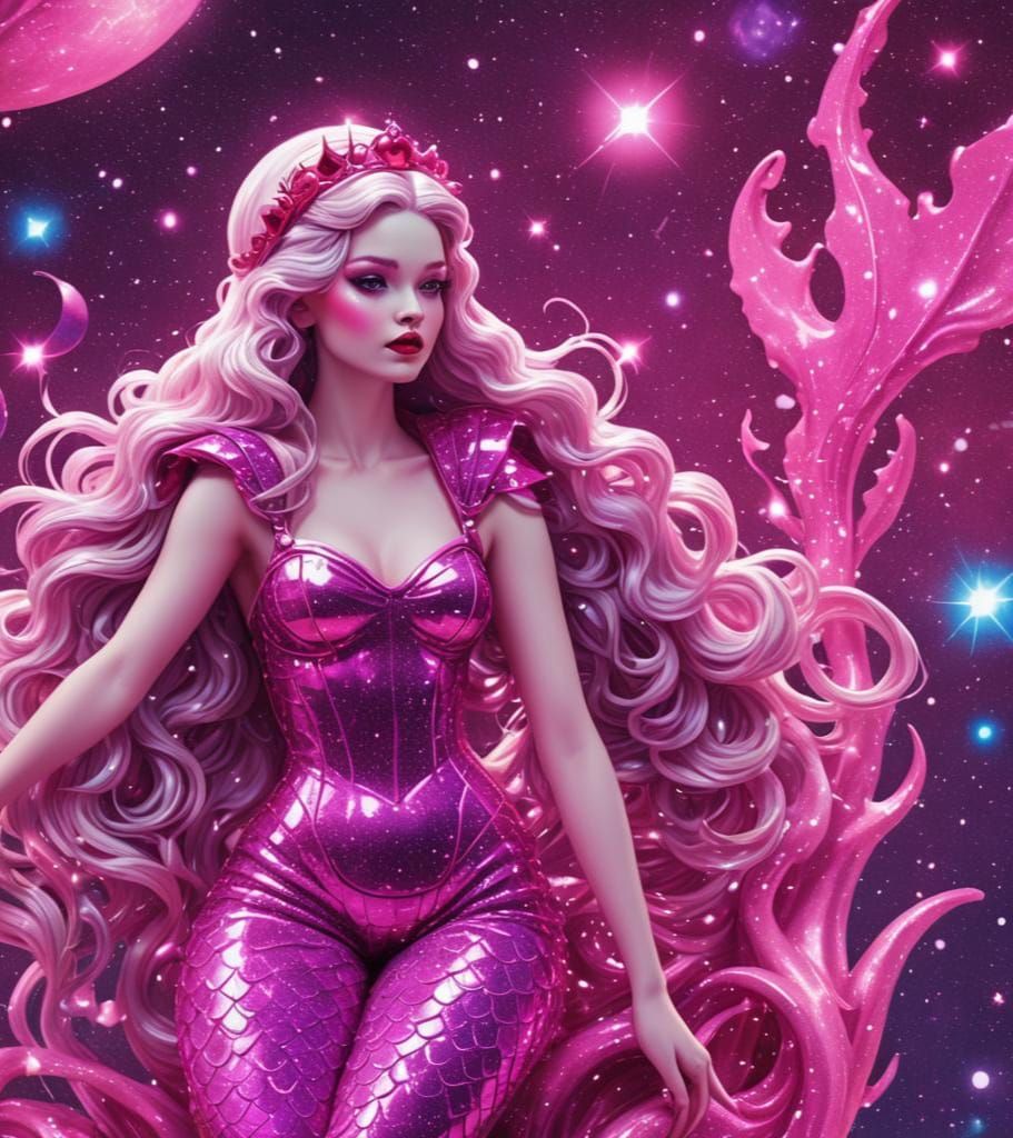 Synthwave Snow White Mermaid with Pink Sparkles