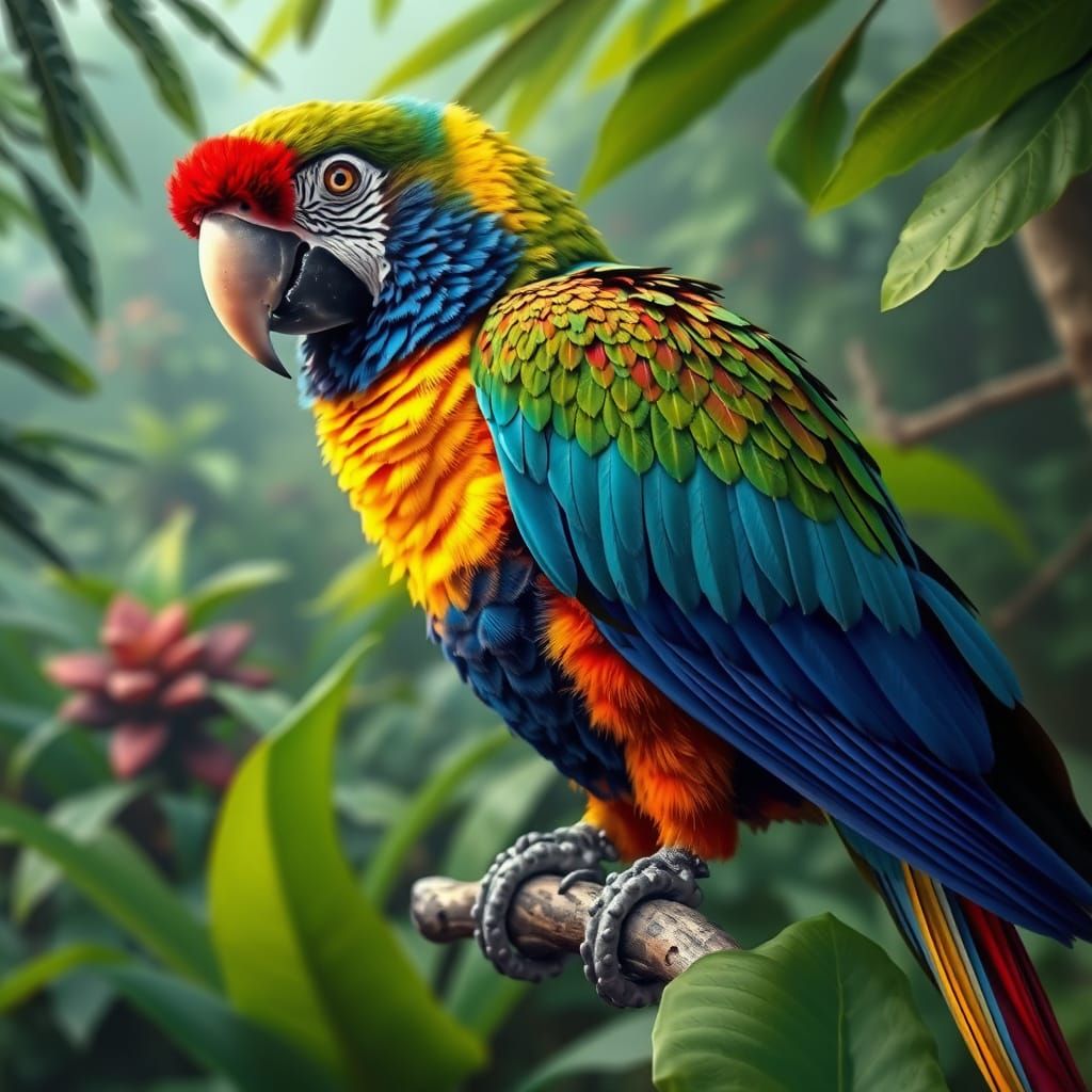 Colorful Parrot in Tropical Rainforest: Hyperrealistic Paint...