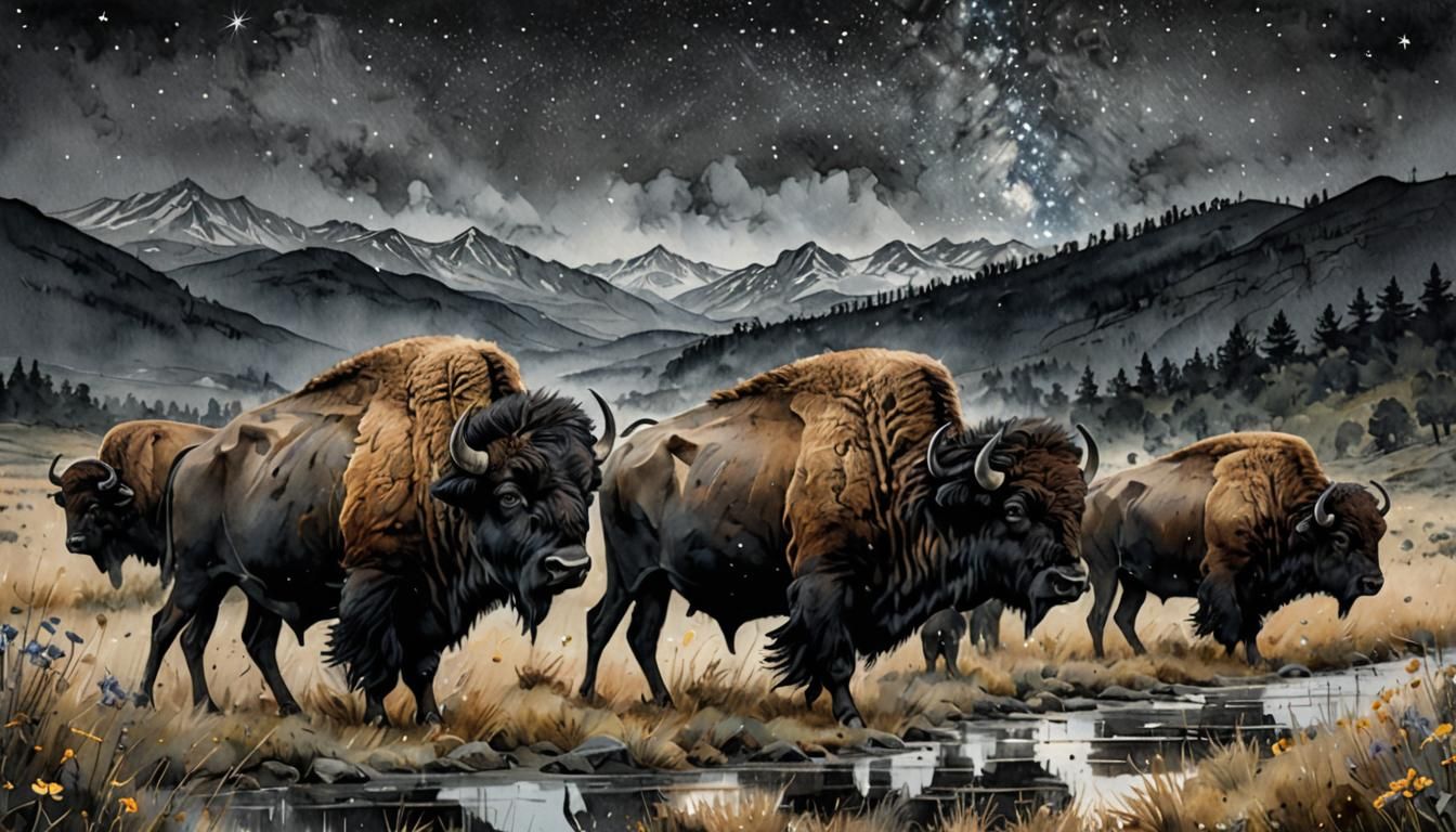 Buffalo Herd at Night in Watercolor Wash