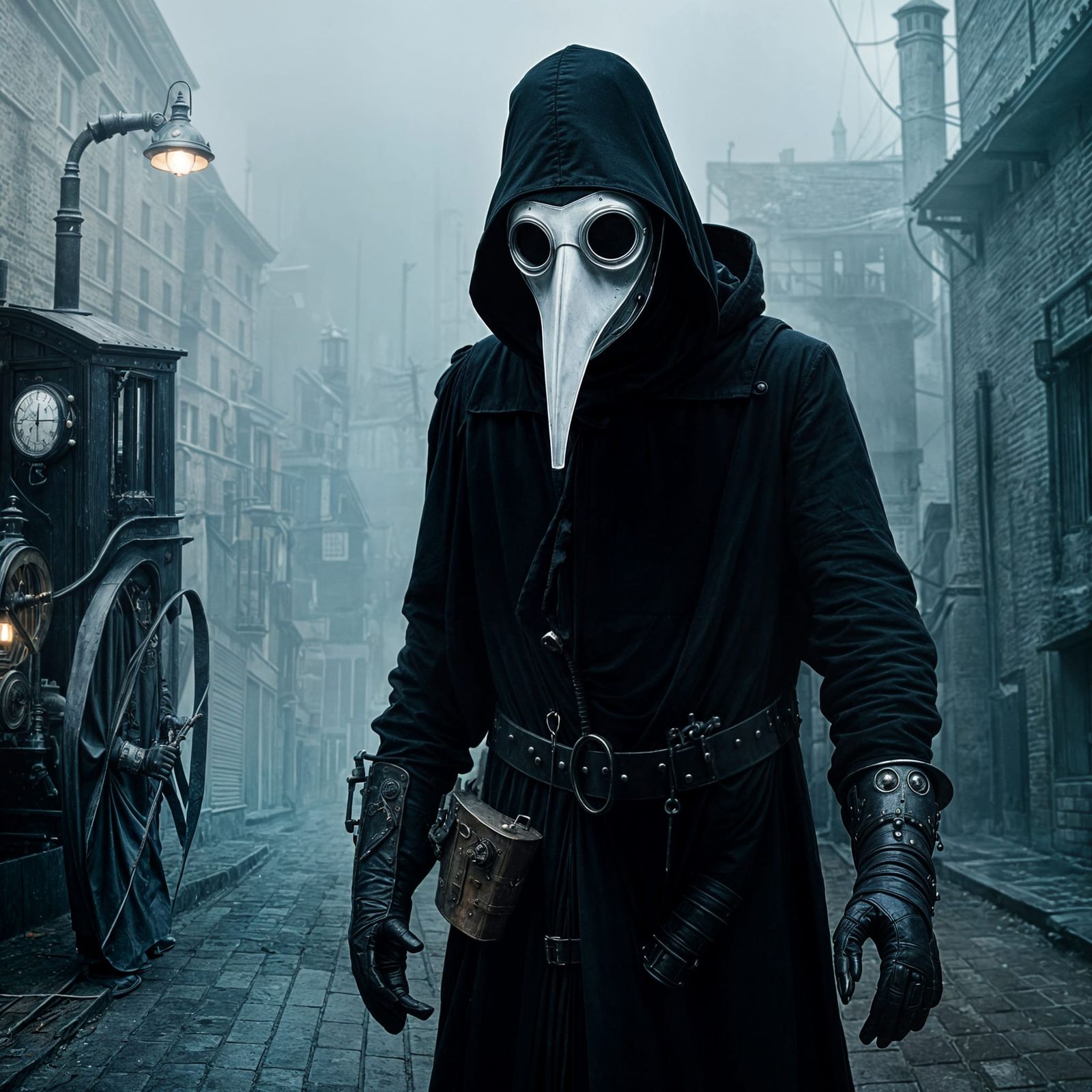 Steampunk Plague Doctor Lurking in Gloomy Alley