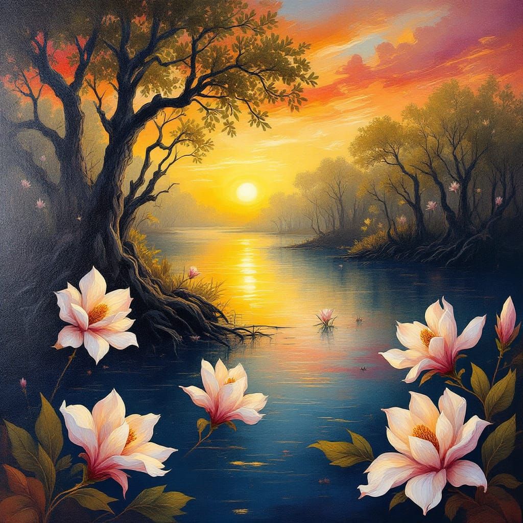 Abstract Sunset Swamp with Magnolias Painting