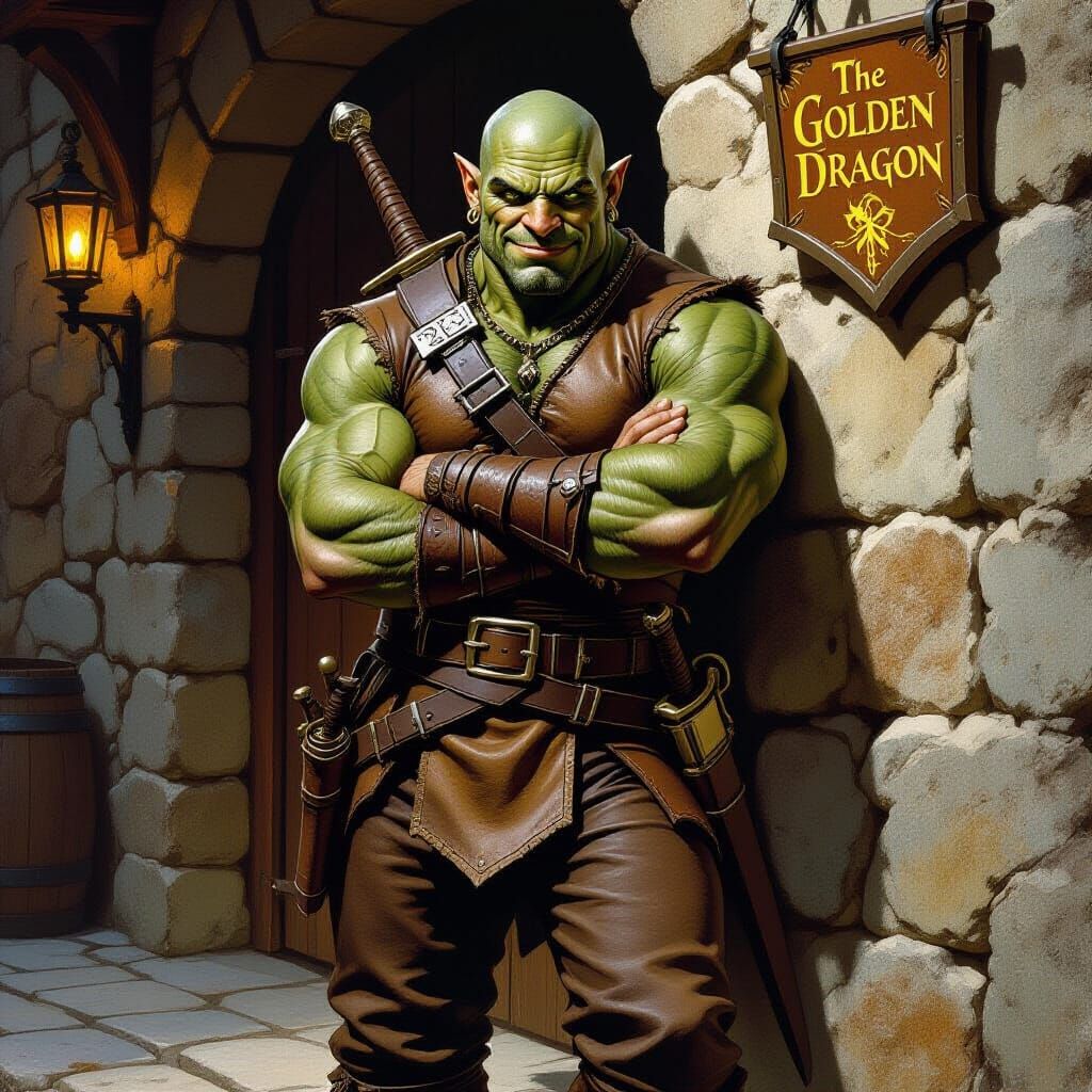 Muscular Half-Orc Warrior Leans on Tavern Wall