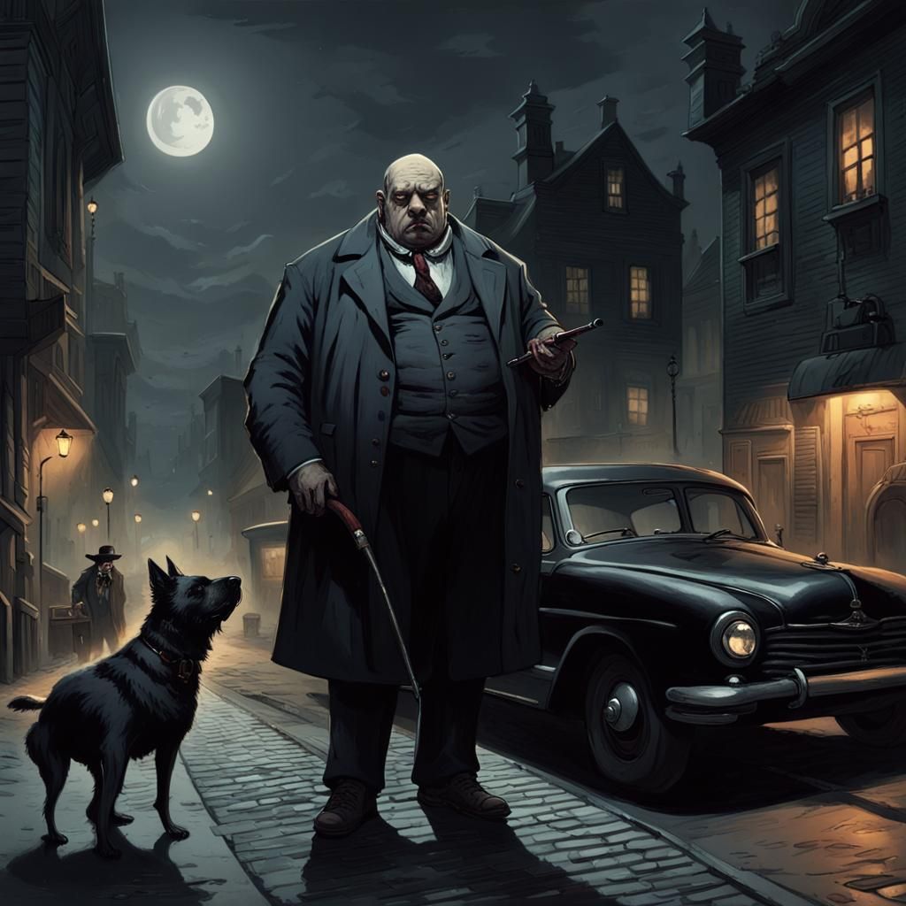 Gangster with Dog in Dark Street, Horror Style