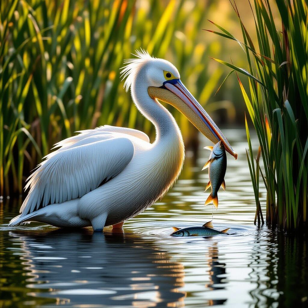 Great White Pelican Catches Fish in River
