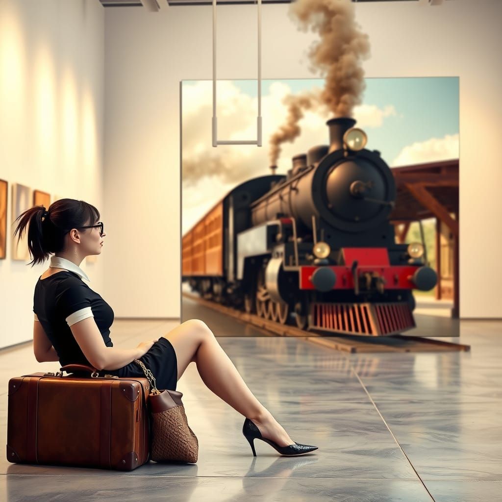 Surreal Gallery Scene with Steam Locomotive Emerges