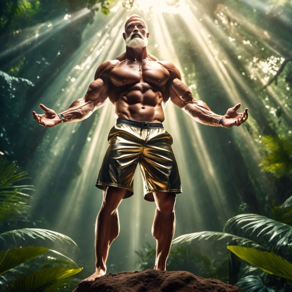 Muscular Bodybuilder in Jungle with Shining Shorts