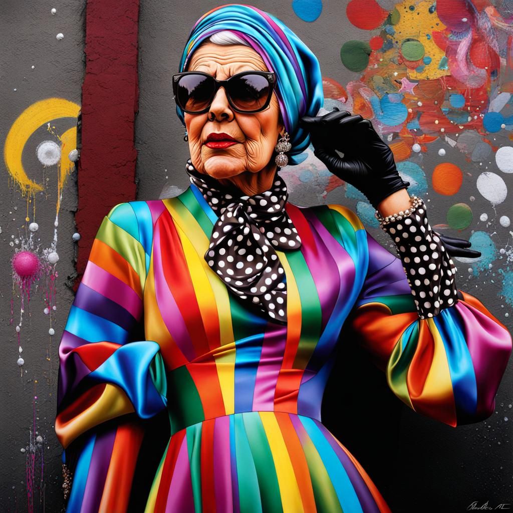 Statuesque Lady in Rainbow Polka Dot Satin, Graffiti Art