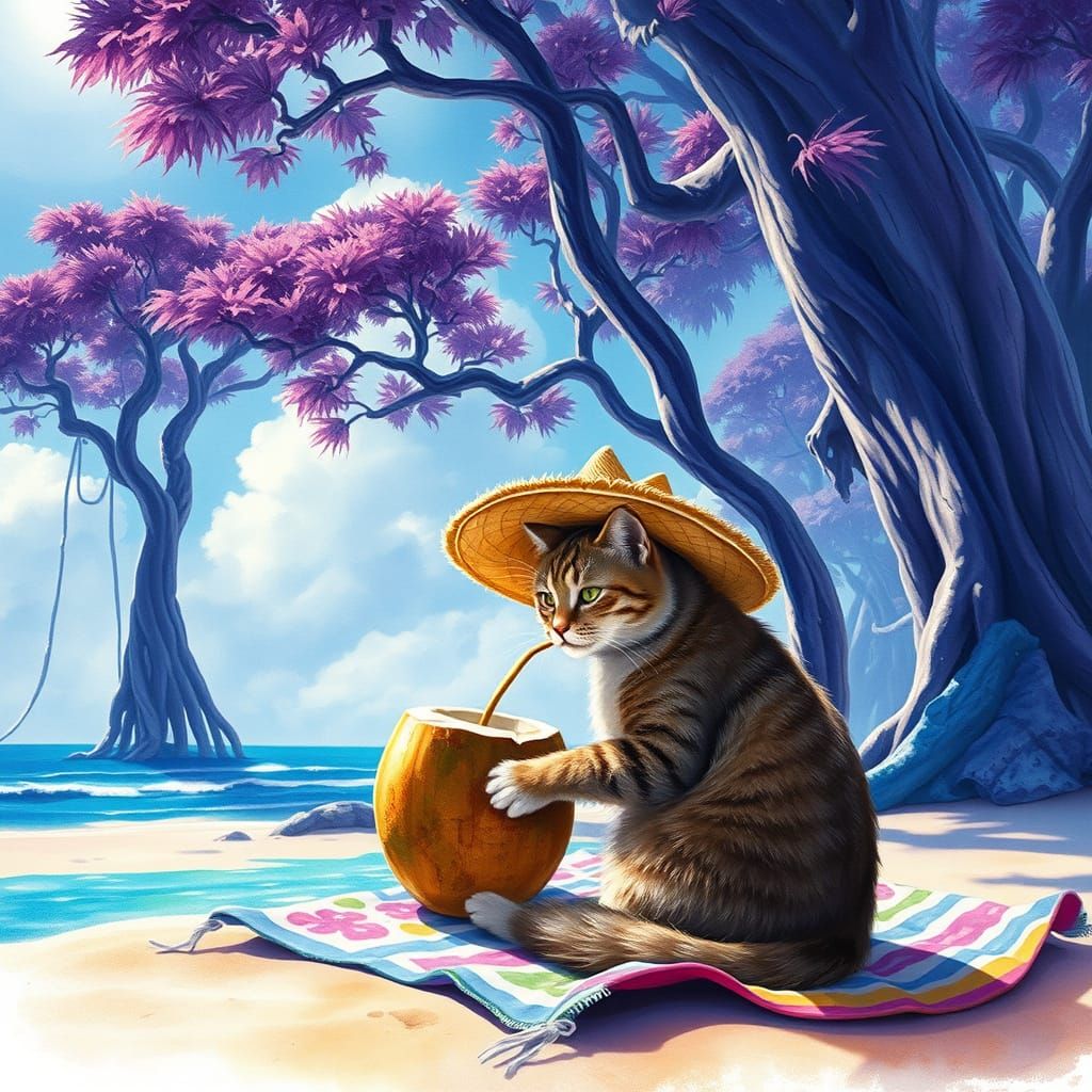 Cat Artist on Mexico Beach in Fantasy Art