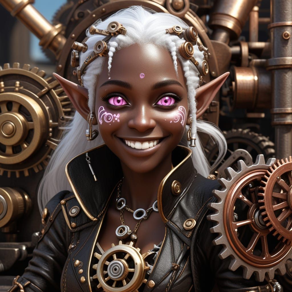 Mischievous Drow Elf with Steampunk Engine, Splash Art