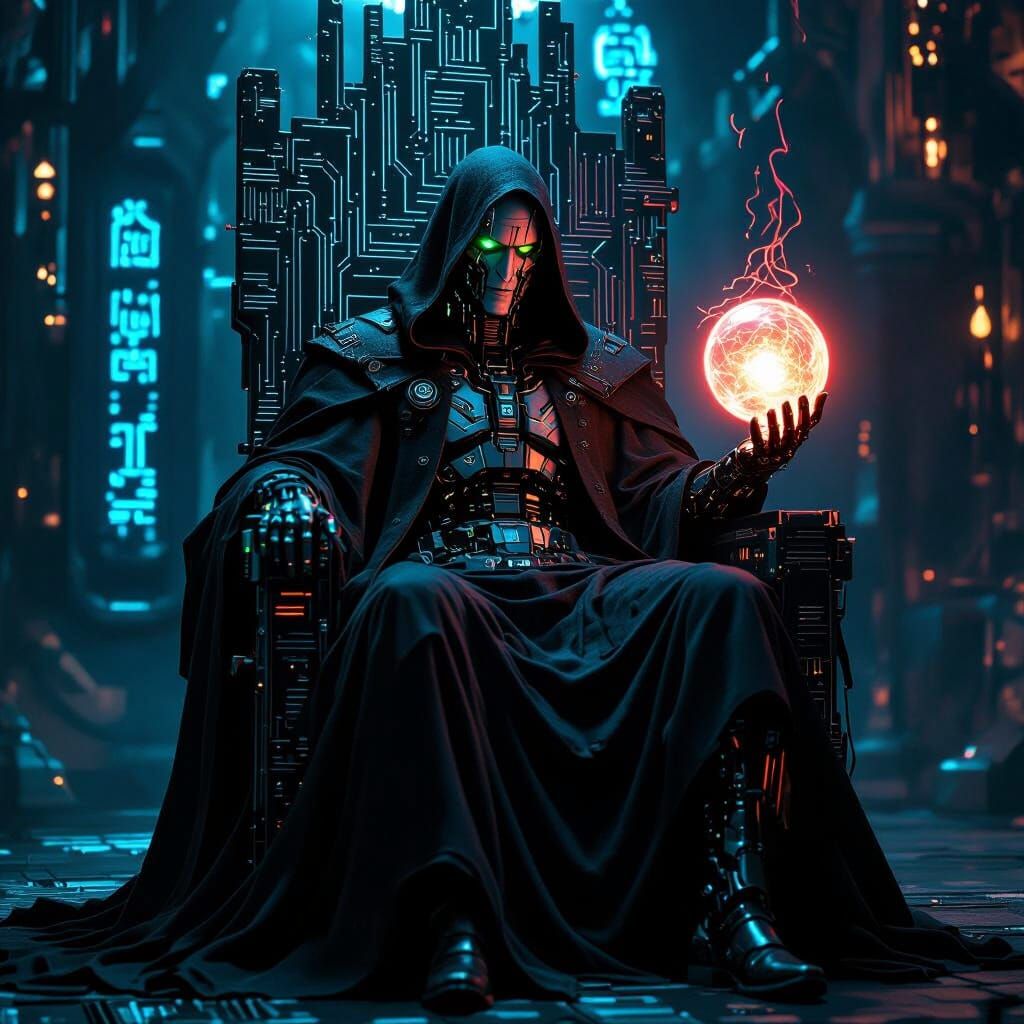 Cyborg Warlock on Circuit Board Throne in Film-Noir Style