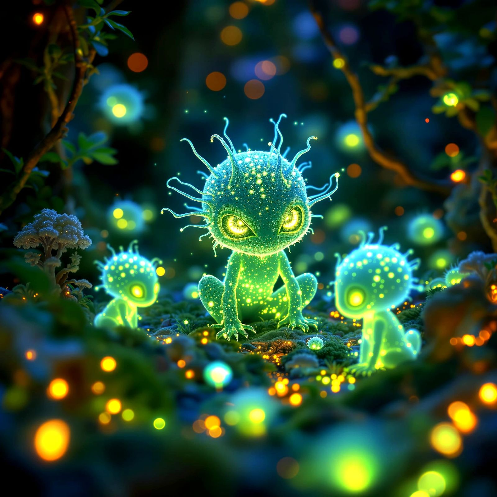 Adorable Opalescent Monster Babies on Bioluminescent Forest ...
